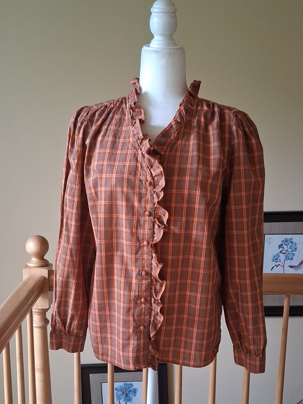 BCBG 100% Cotton Rust Plaid Ruffle-Trim Button Front Blouse